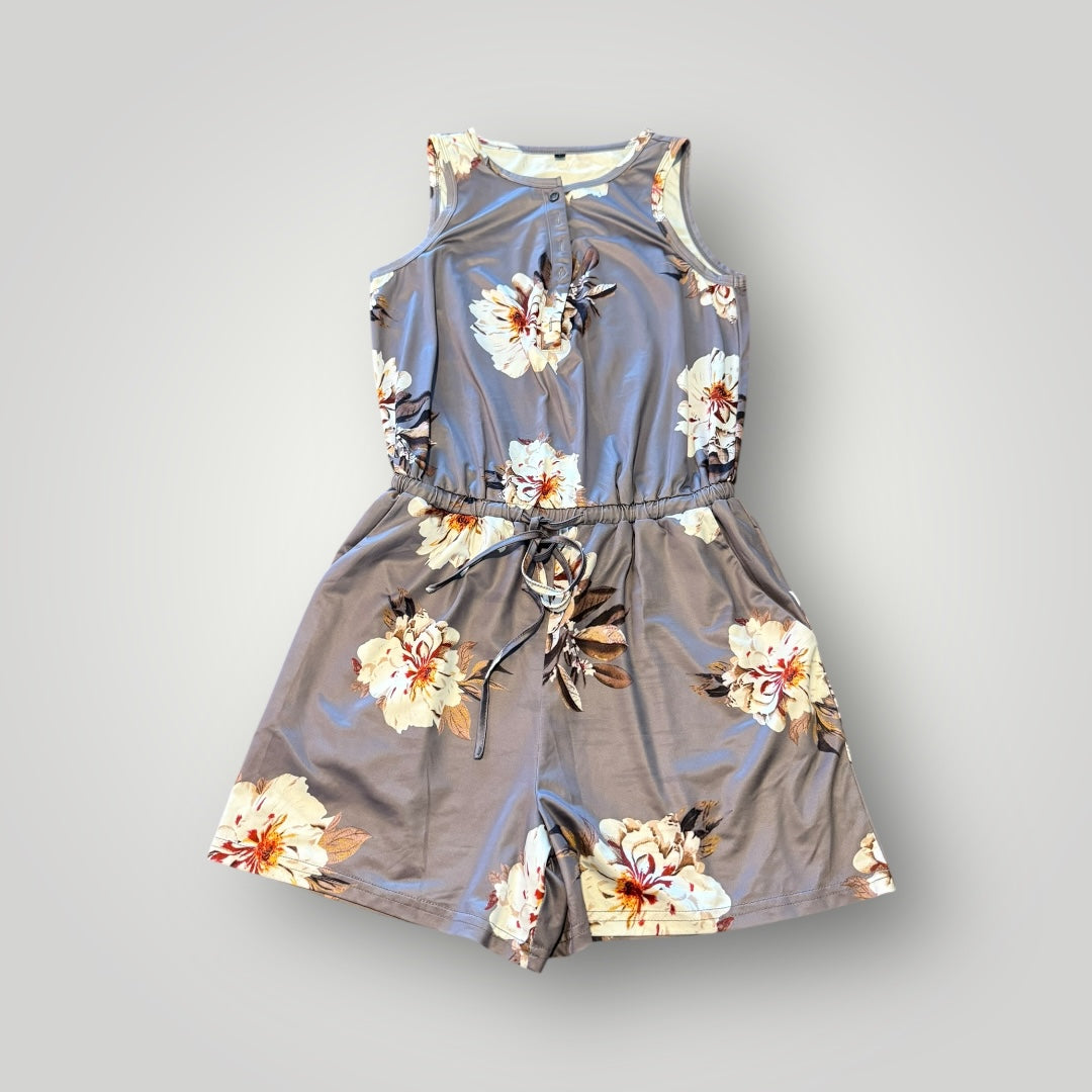 Gray Floral Sleeveless Romper Size Small